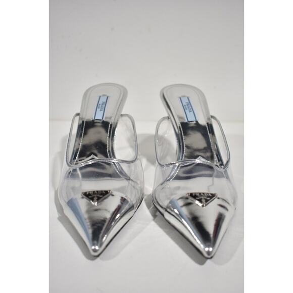 Prada Modellerie Clear PVC Silver Backless Pointed Sandal Mule Heel Pump 37.5 - Picture 5 of 12